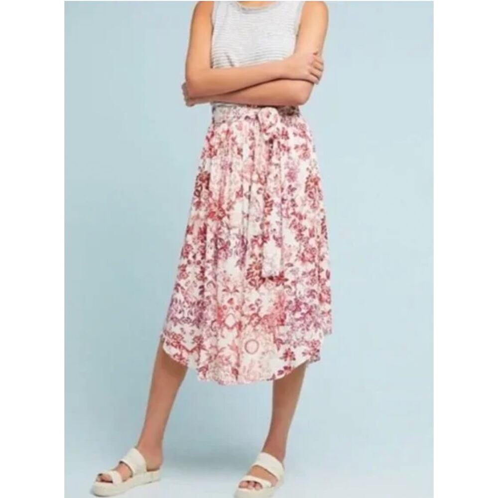 Anthropologie Maeve Staycation Midi Skirt Size MP Red Cream Floral Petite NWT
